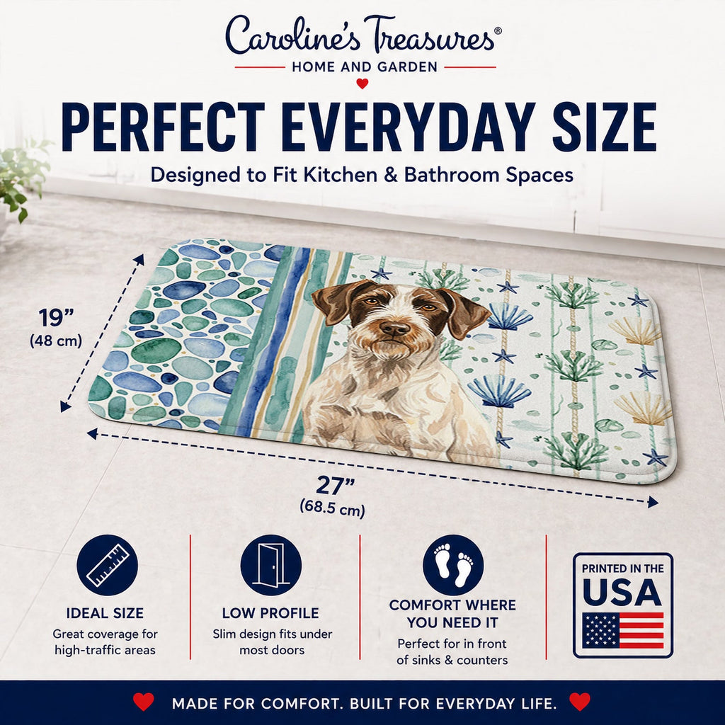 Liver and White German Wirehaired Pointer Coastal Sea Glass Memory Foam Kitchen Mat Machine Washable Anti-Fatigue Cushion Comfort Bath or Kitchen Rug