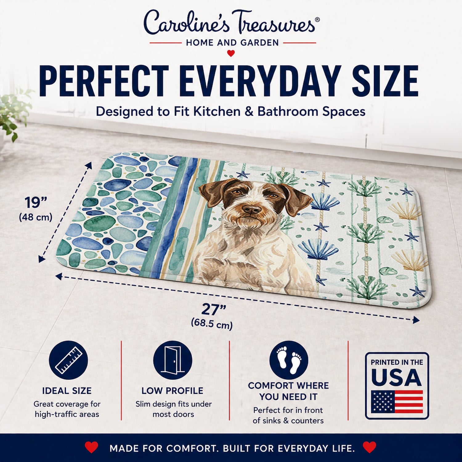 Liver and White German Wirehaired Pointer Coastal Sea Glass Memory Foam Kitchen Mat Machine Washable Anti-Fatigue Cushion Comfort Bath or Kitchen Rug