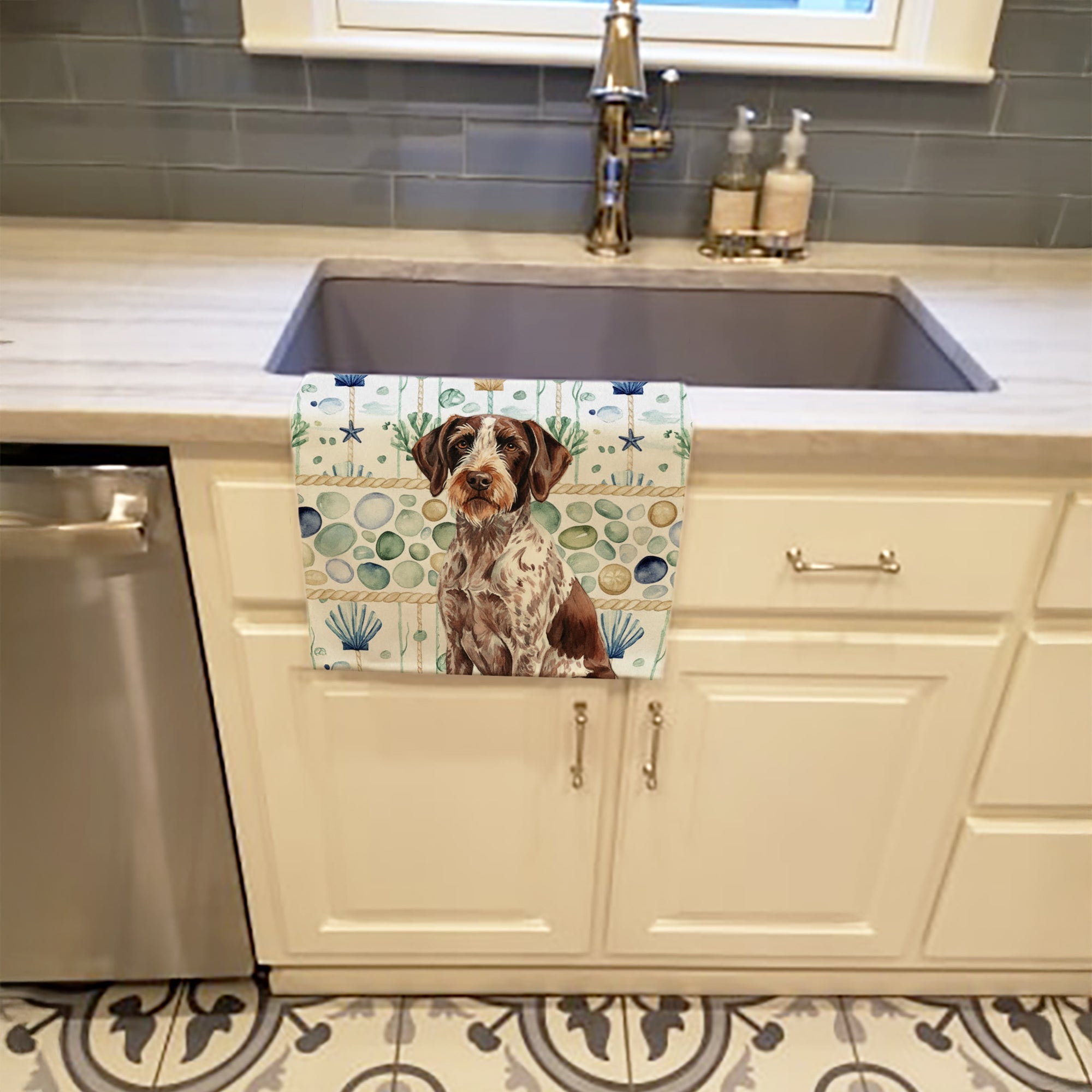 Roan German Wirehaired Pointer Coastal Sea Glass Kitchen Towel Velour Plush Front and Cotton Loop Back Machine Washable