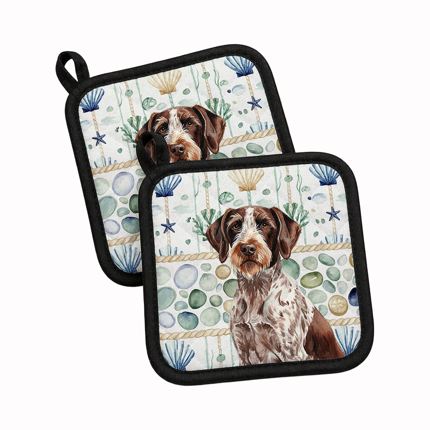 Roan German Wirehaired Pointer Coastal Sea Glass Pot Holder Set of 2 Heat Resistant Quilted Hot Pads 7.5 x 7.5 Inch, Insulated Kitchen Trivets for Cooking & Baking
