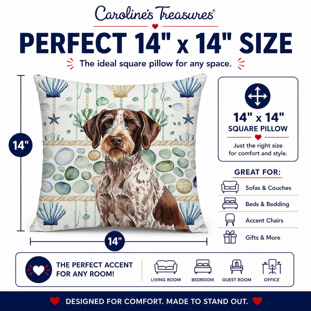 Roan German Wirehaired Pointer Coastal Sea Glass Decorative Throw Pillow 14x14 Indoor Outdoor Accent Cushion, Fabric Cover with Insert for Sofa, Bed, Porch & Living Room