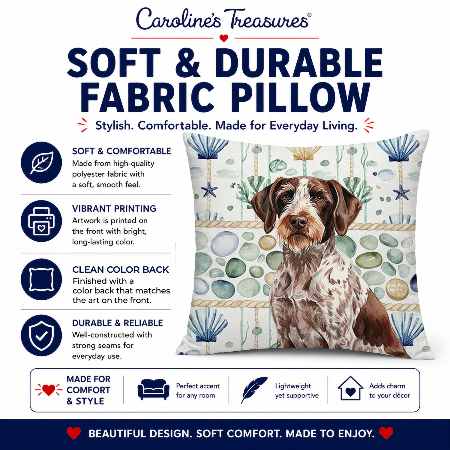 Roan German Wirehaired Pointer Coastal Sea Glass Decorative Throw Pillow 18x18 Indoor Outdoor Accent Cushion, Fabric Cover with Insert for Sofa, Bed, Porch & Living Room