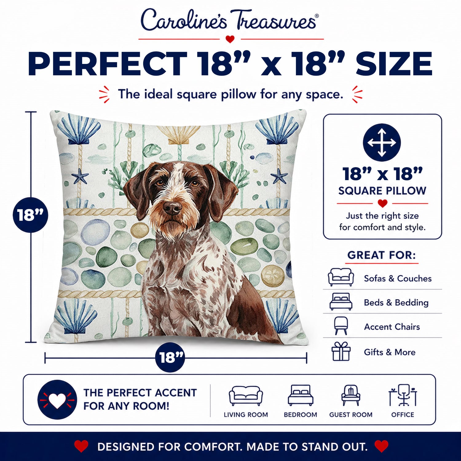 Roan German Wirehaired Pointer Coastal Sea Glass Decorative Throw Pillow 18x18 Indoor Outdoor Accent Cushion, Fabric Cover with Insert for Sofa, Bed, Porch & Living Room
