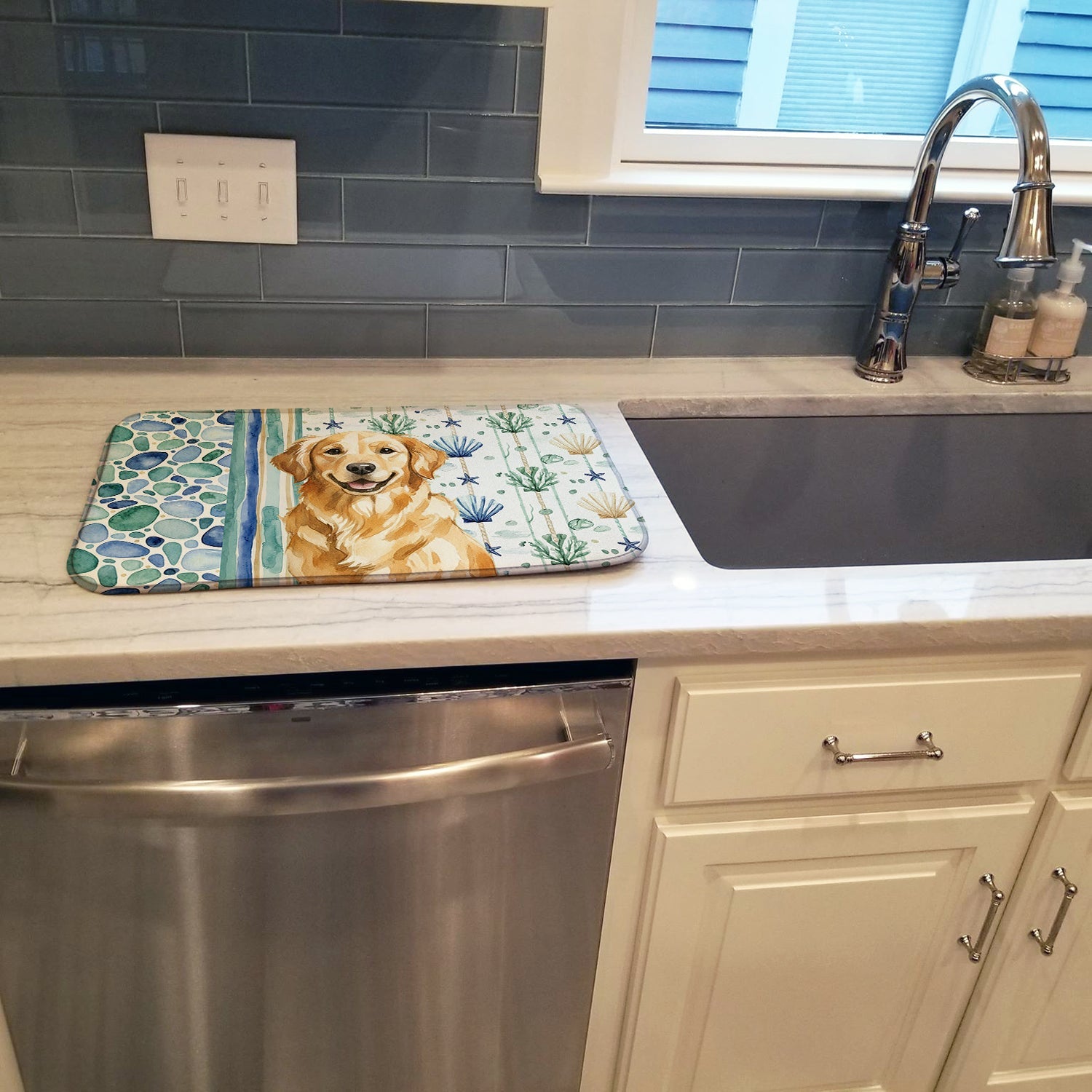 Golden Retriever Coastal Sea Glass Dish Drying Mat Absorbent Dish Drying Mat Pad for Kitchen Counter Dish Drainer Mat for Countertop, 14 x 21", Multicolor