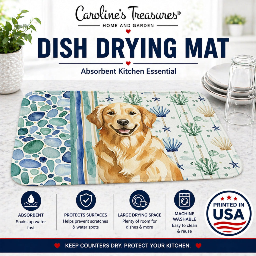 Golden Retriever Coastal Sea Glass Dish Drying Mat Absorbent Dish Drying Mat Pad for Kitchen Counter Dish Drainer Mat for Countertop, 14 x 21", Multicolor