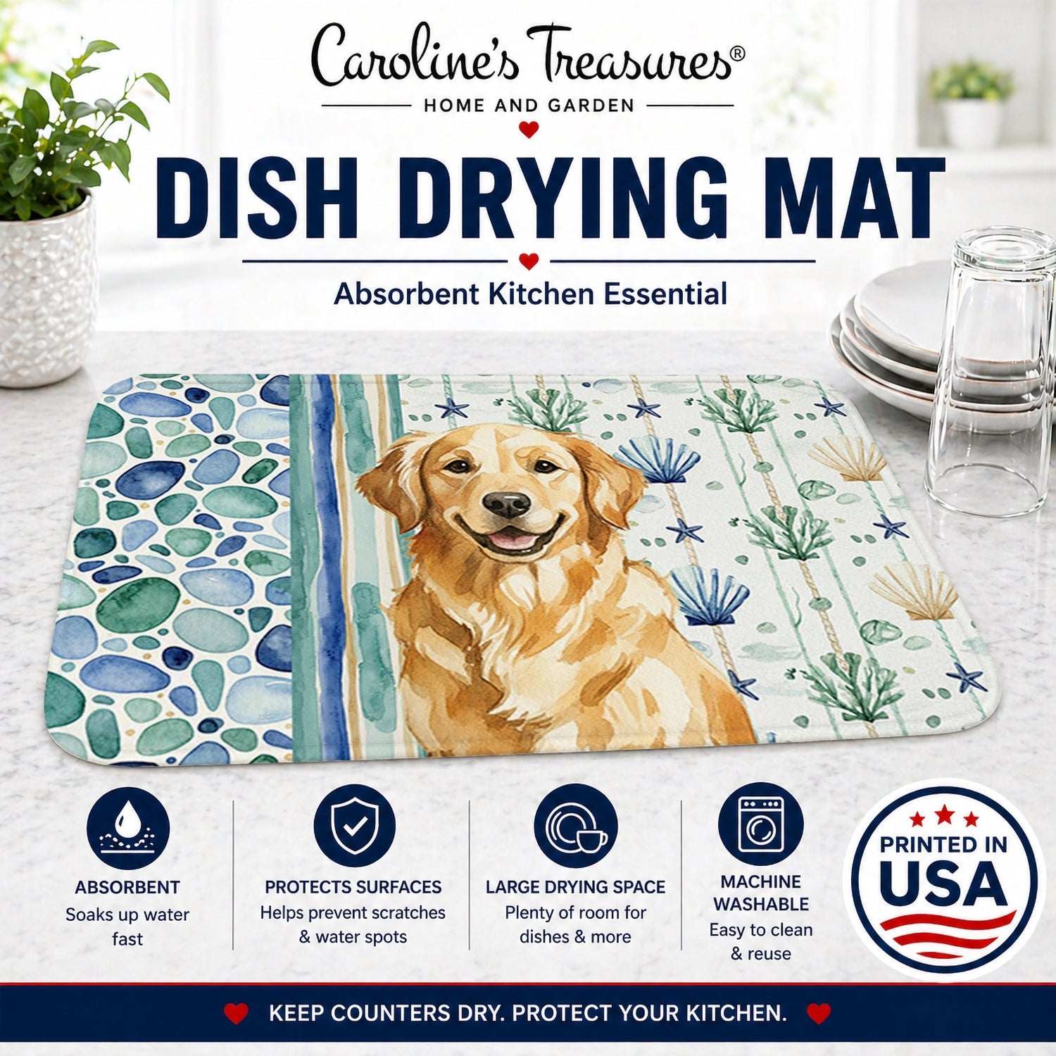 Golden Retriever Coastal Sea Glass Dish Drying Mat Absorbent Dish Drying Mat Pad for Kitchen Counter Dish Drainer Mat for Countertop, 14 x 21", Multicolor