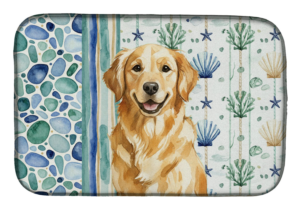 Golden Retriever Coastal Sea Glass Dish Drying Mat Absorbent Dish Drying Mat Pad for Kitchen Counter Dish Drainer Mat for Countertop, 14 x 21", Multicolor