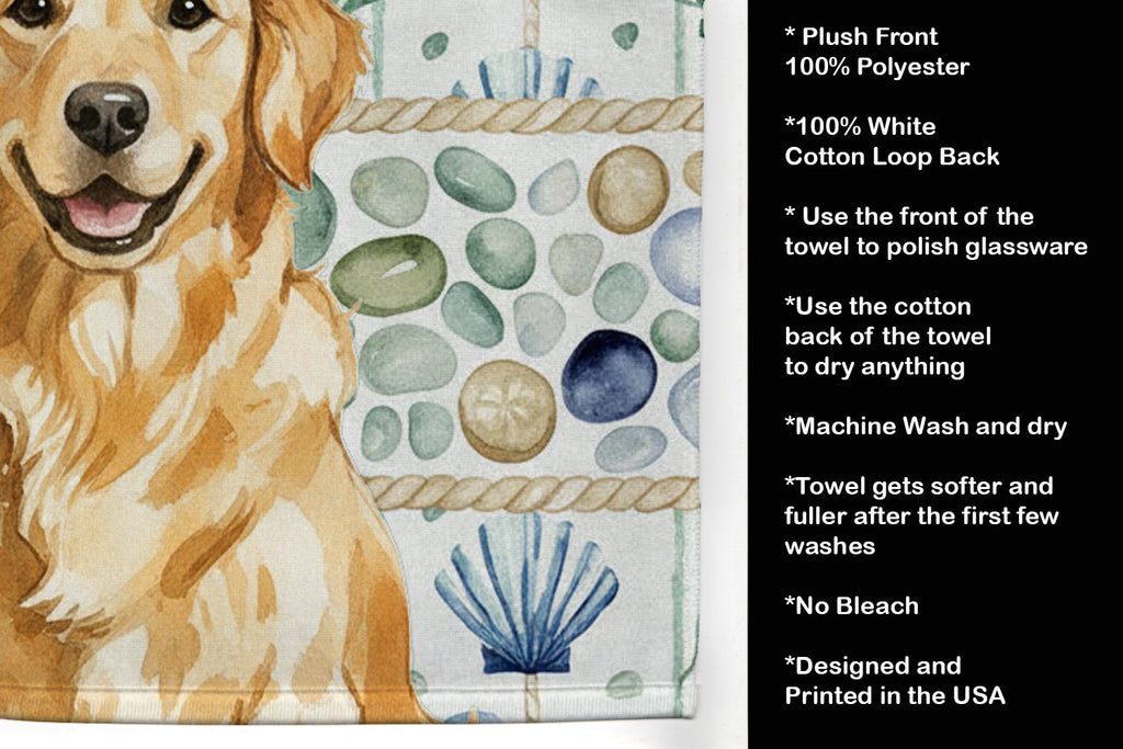 Golden Retriever Coastal Sea Glass Kitchen Towel Velour Plush Front and Cotton Loop Back Machine Washable