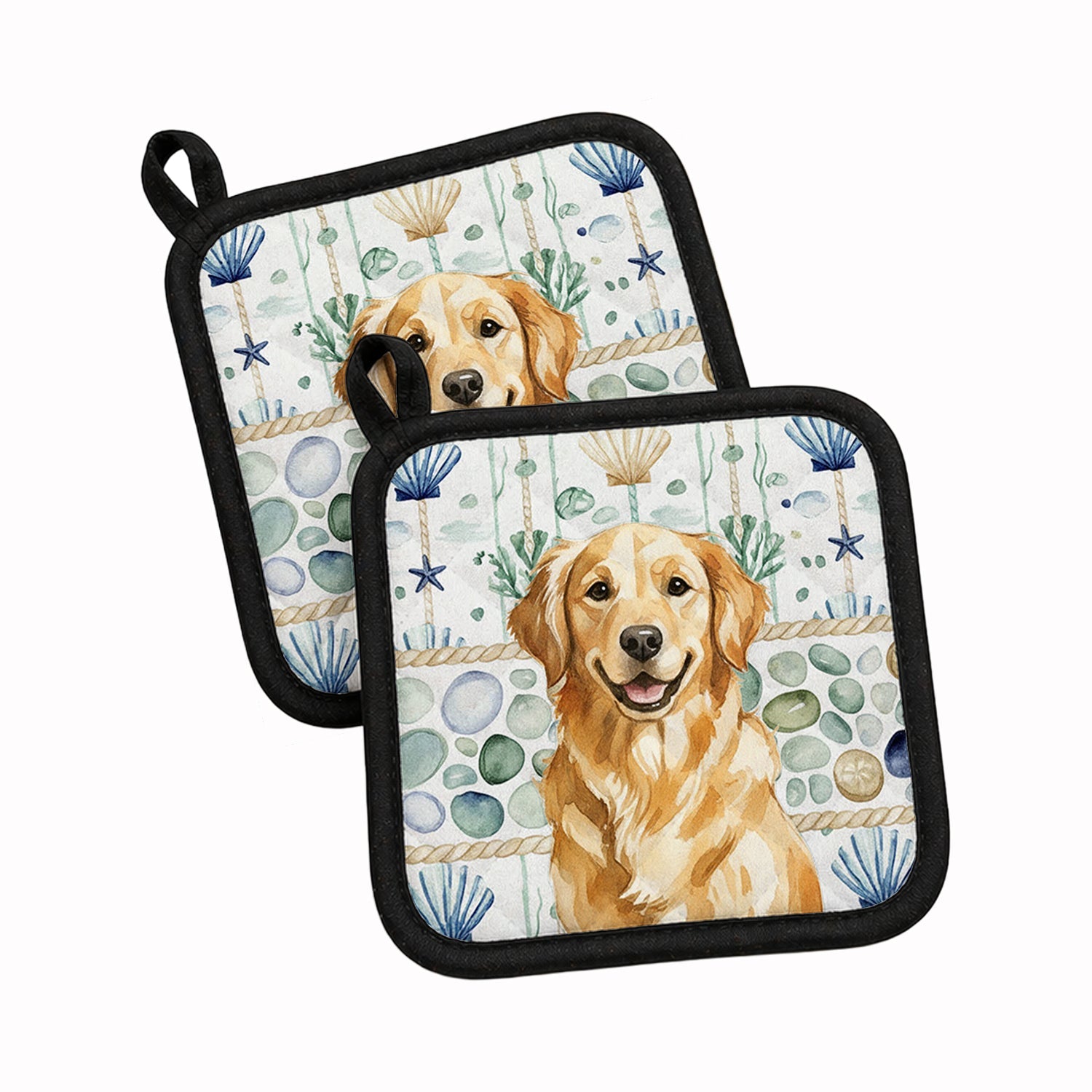 Golden Retriever Coastal Sea Glass Pot Holder Set of 2 Heat Resistant Quilted Hot Pads 7.5 x 7.5 Inch, Insulated Kitchen Trivets for Cooking & Baking