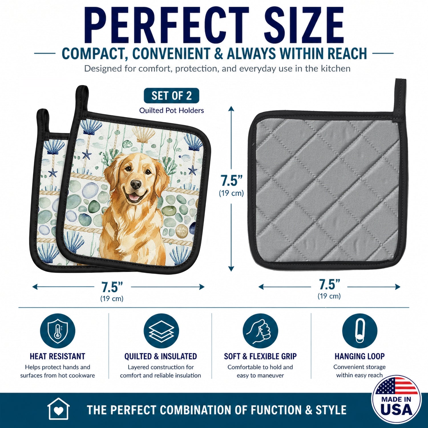 Golden Retriever Coastal Sea Glass Pot Holder Set of 2 Heat Resistant Quilted Hot Pads 7.5 x 7.5 Inch, Insulated Kitchen Trivets for Cooking & Baking