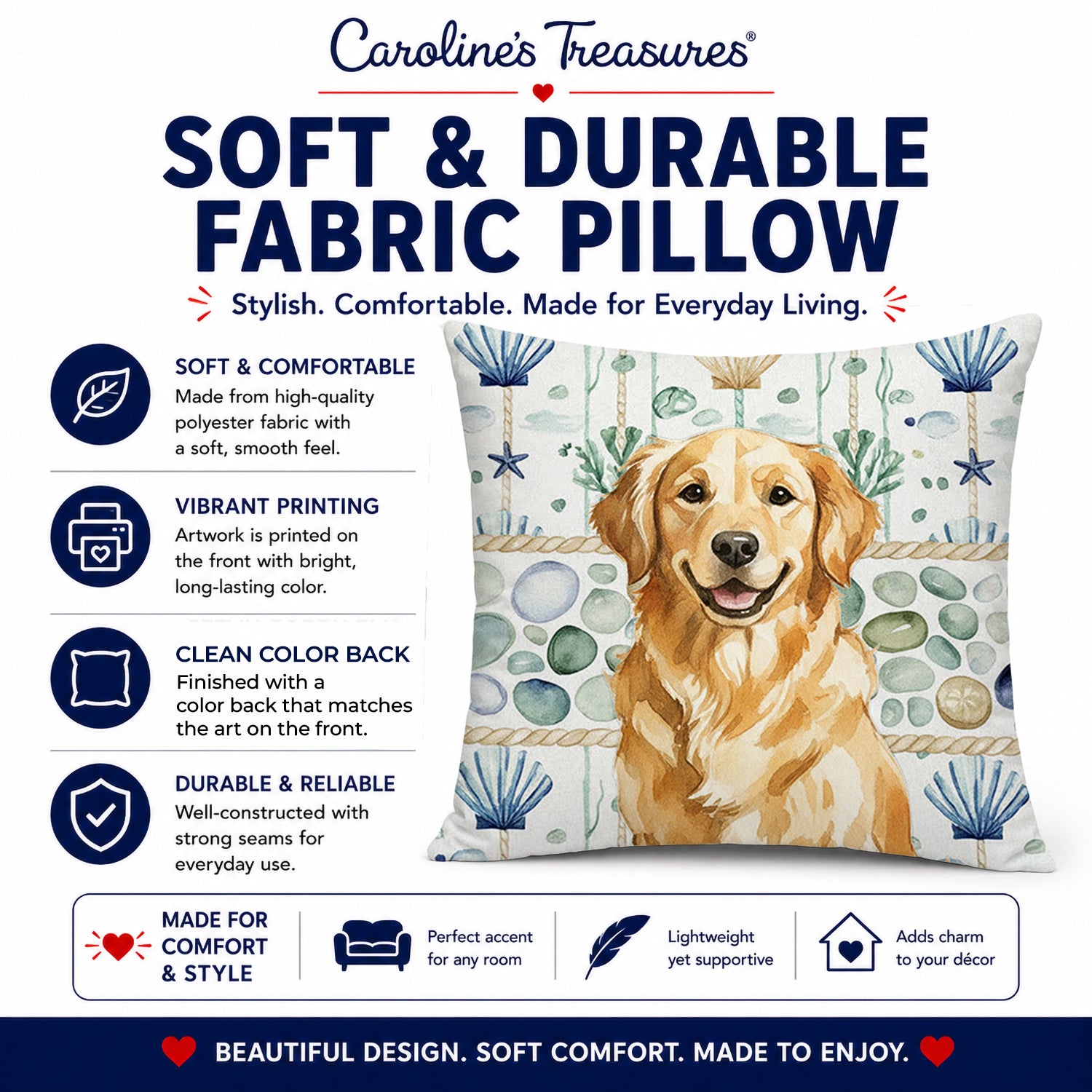 Golden Retriever Coastal Sea Glass Decorative Throw Pillow 14x14 Indoor Outdoor Accent Cushion, Fabric Cover with Insert for Sofa, Bed, Porch & Living Room