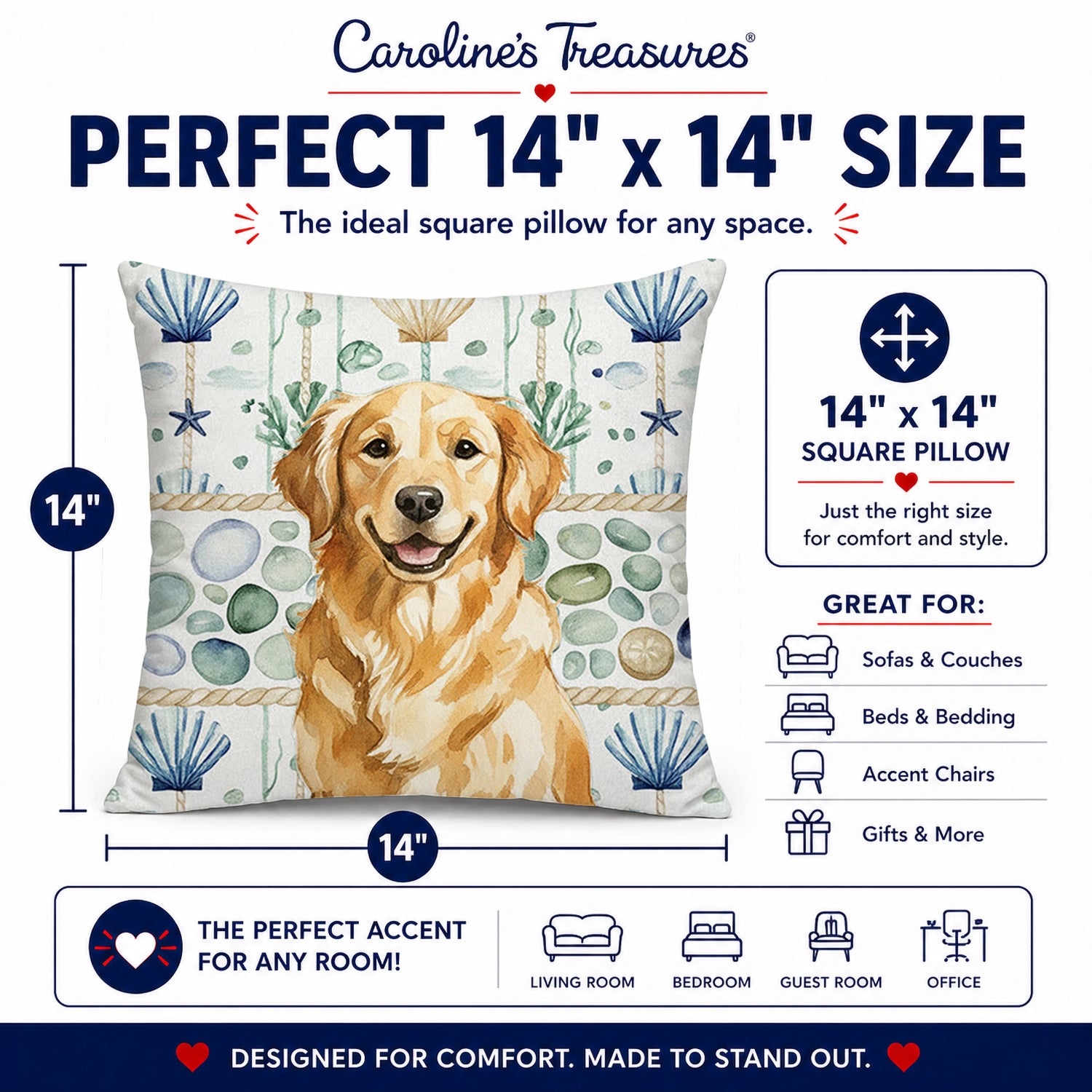 Golden Retriever Coastal Sea Glass Decorative Throw Pillow 14x14 Indoor Outdoor Accent Cushion, Fabric Cover with Insert for Sofa, Bed, Porch & Living Room