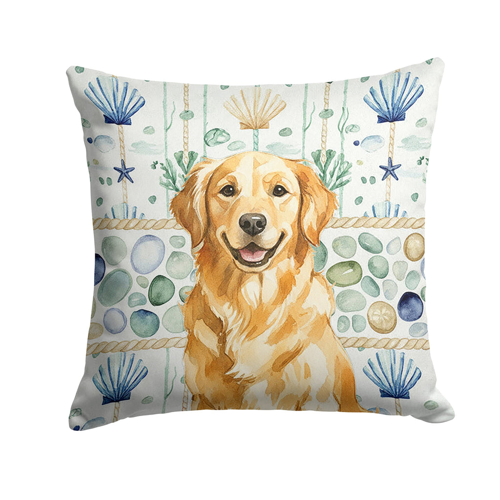 Golden Retriever Coastal Sea Glass Decorative Throw Pillow 14x14 Indoor Outdoor Accent Cushion, Fabric Cover with Insert for Sofa, Bed, Porch & Living Room