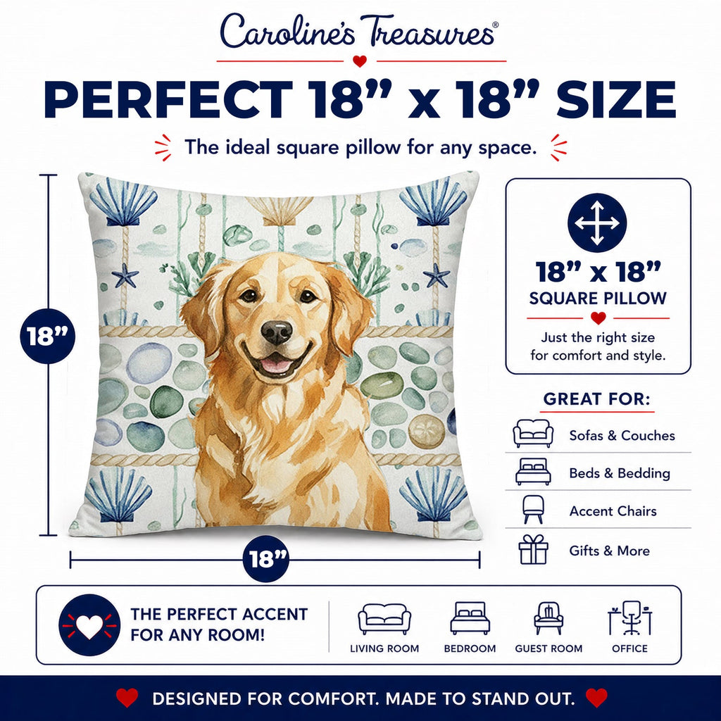 Golden Retriever Coastal Sea Glass Decorative Throw Pillow 18x18 Indoor Outdoor Accent Cushion, Fabric Cover with Insert for Sofa, Bed, Porch & Living Room