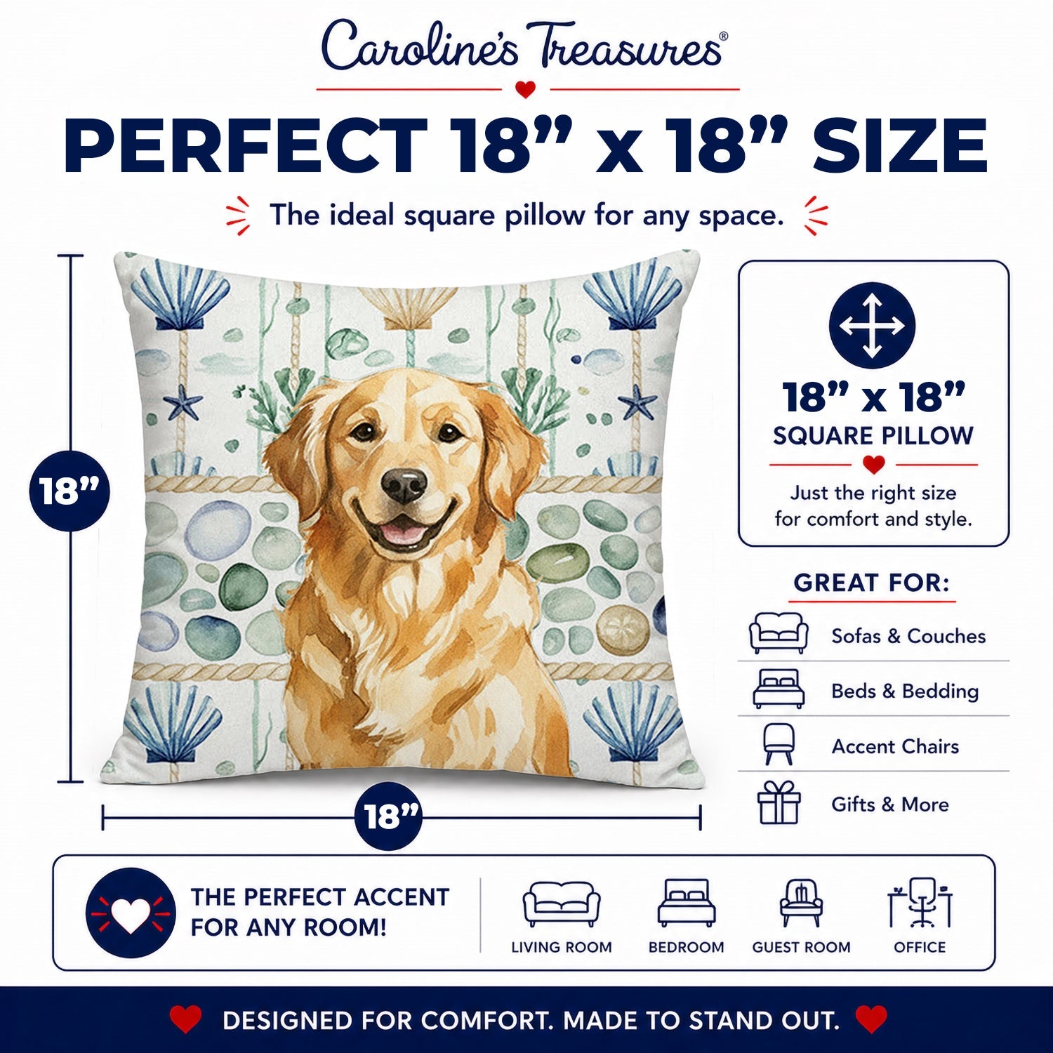 Golden Retriever Coastal Sea Glass Decorative Throw Pillow 18x18 Indoor Outdoor Accent Cushion, Fabric Cover with Insert for Sofa, Bed, Porch & Living Room