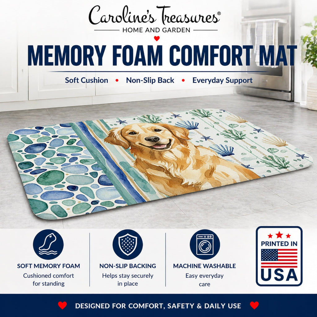 Golden Retriever Coastal Sea Glass Memory Foam Kitchen Mat Machine Washable Anti-Fatigue Cushion Comfort Bath or Kitchen Rug