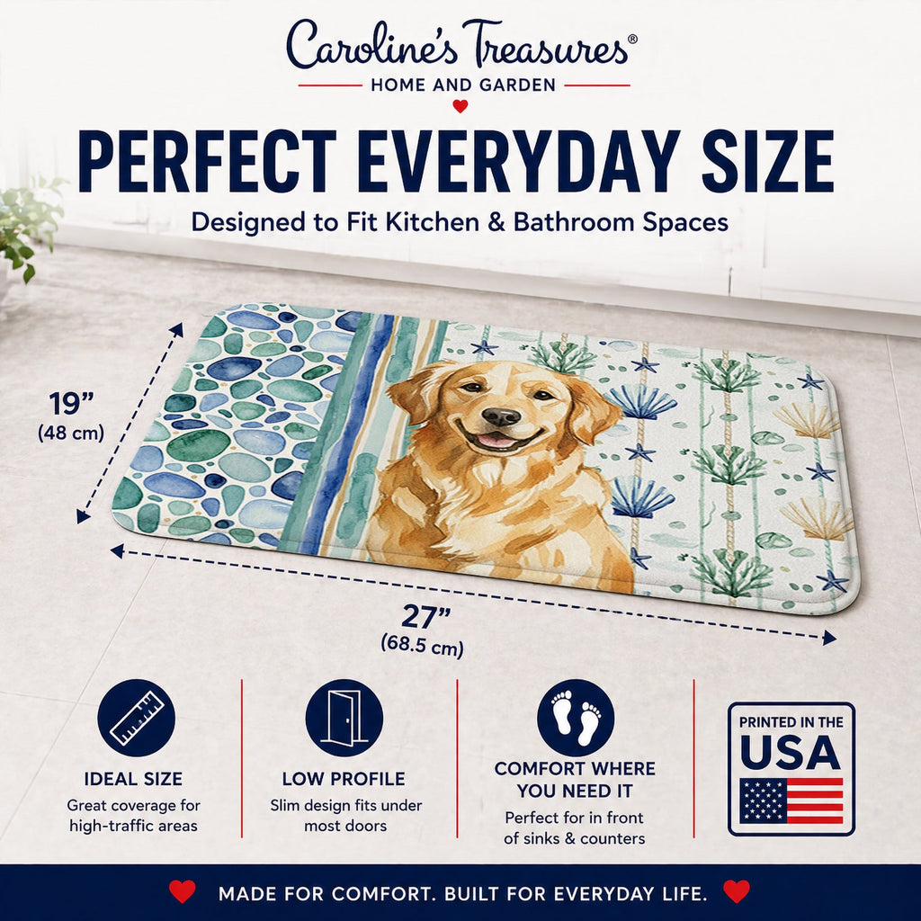 Golden Retriever Coastal Sea Glass Memory Foam Kitchen Mat Machine Washable Anti-Fatigue Cushion Comfort Bath or Kitchen Rug
