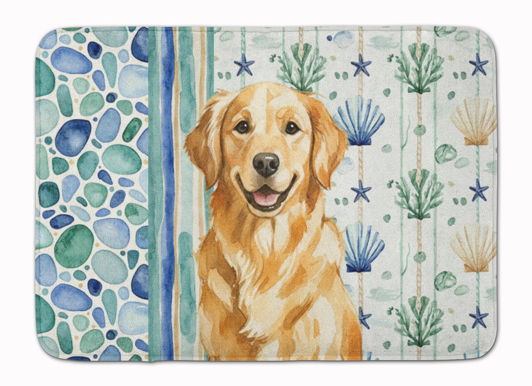 Golden Retriever Coastal Sea Glass Memory Foam Kitchen Mat Machine Washable Anti-Fatigue Cushion Comfort Bath or Kitchen Rug