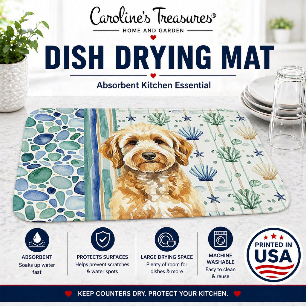 Goldendoodle Coastal Sea Glass Dish Drying Mat Absorbent Dish Drying Mat Pad for Kitchen Counter Dish Drainer Mat for Countertop, 14 x 21", Multicolor