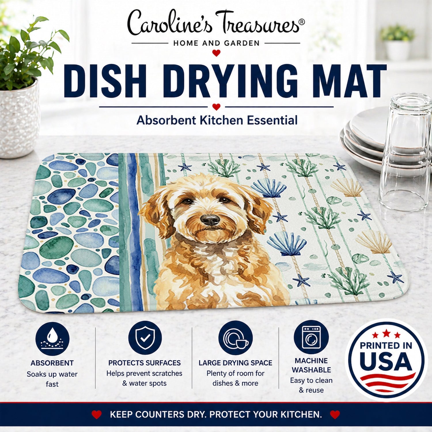 Goldendoodle Coastal Sea Glass Dish Drying Mat Absorbent Dish Drying Mat Pad for Kitchen Counter Dish Drainer Mat for Countertop, 14 x 21", Multicolor