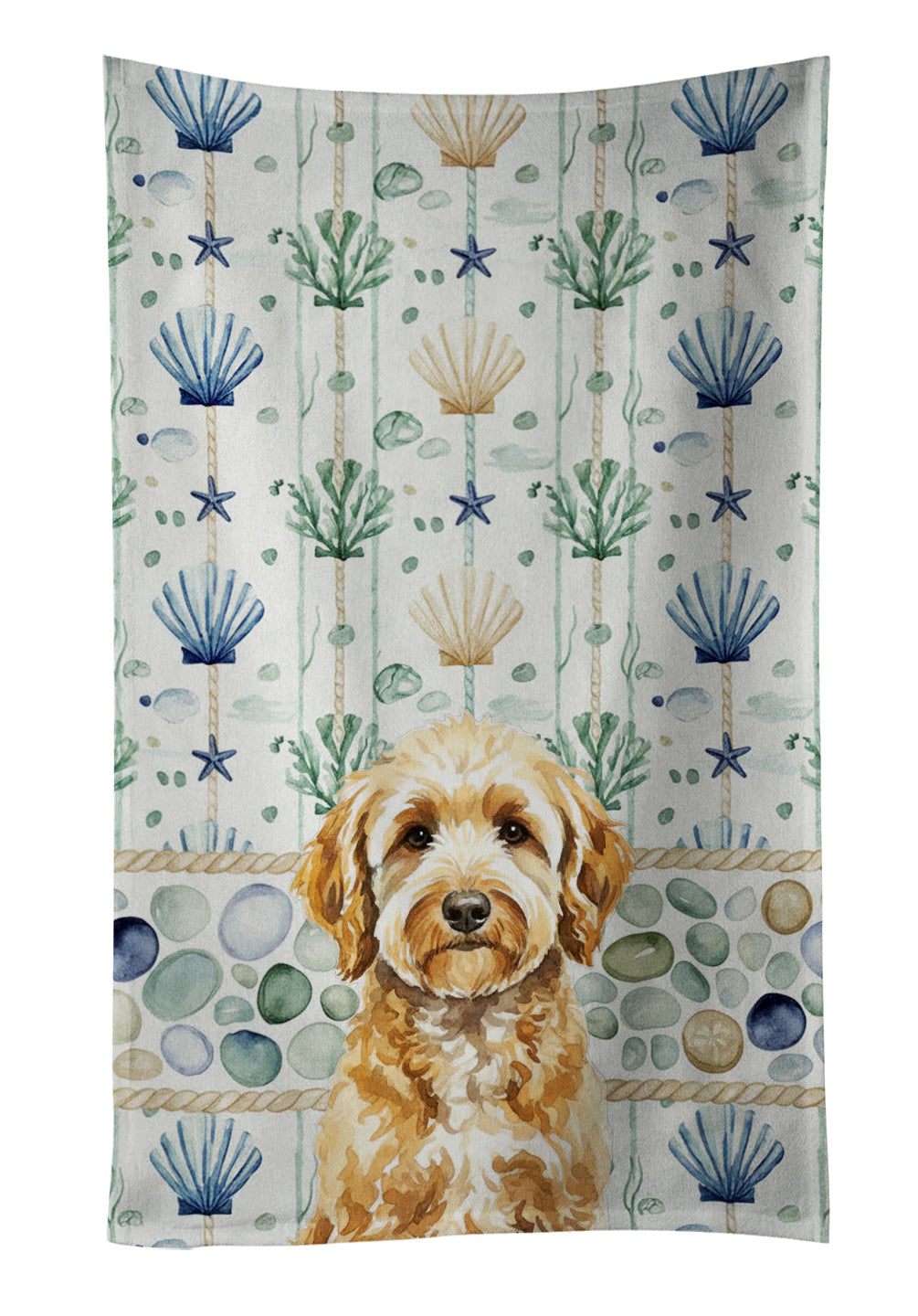 Goldendoodle Coastal Sea Glass Kitchen Towel Velour Plush Front and Cotton Loop Back Machine Washable