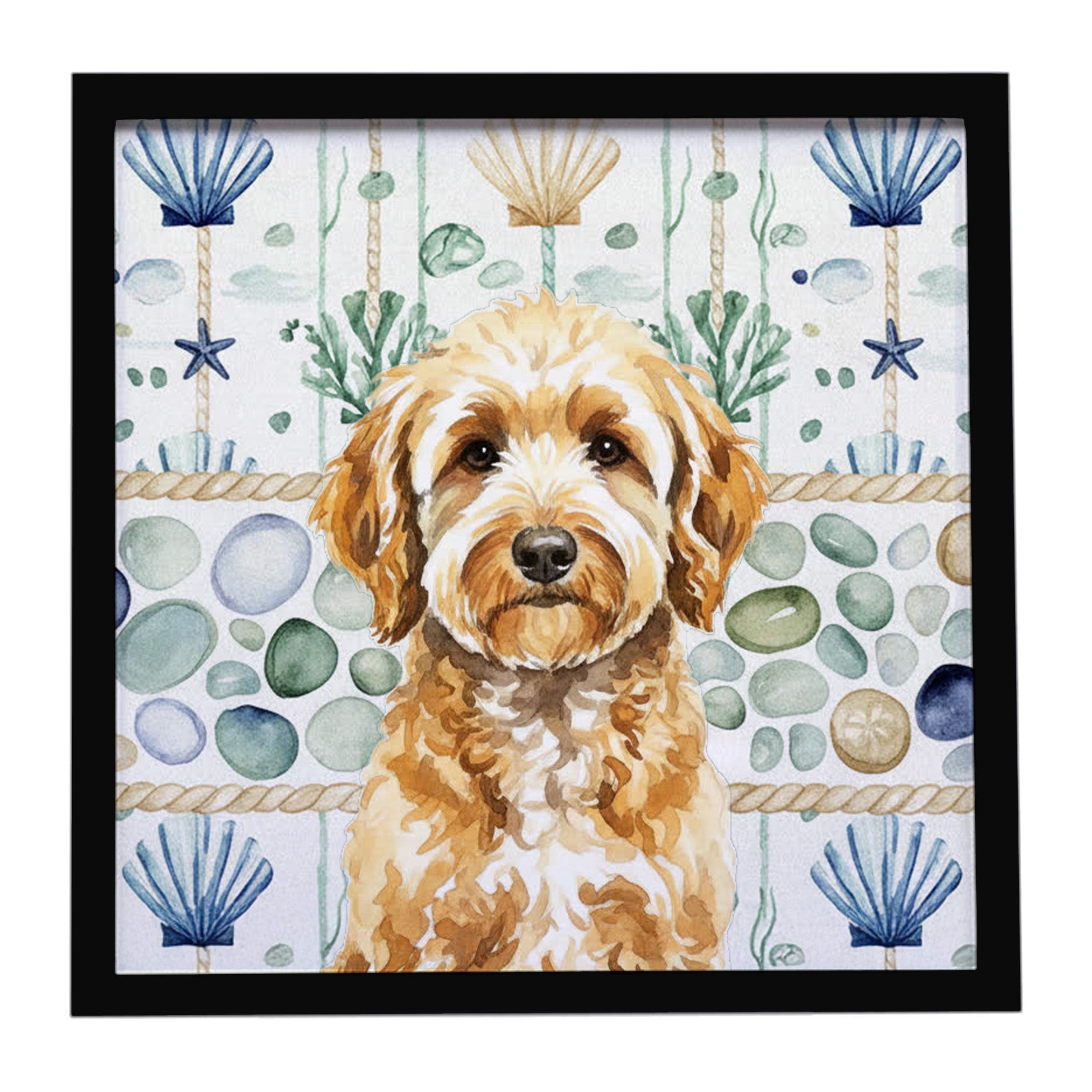 Goldendoodle Coastal Sea Glass Framed Metal Print Bathroom, Kitchen, Office, Home Decor Wall Art Ready to Hang, Square, 8X8