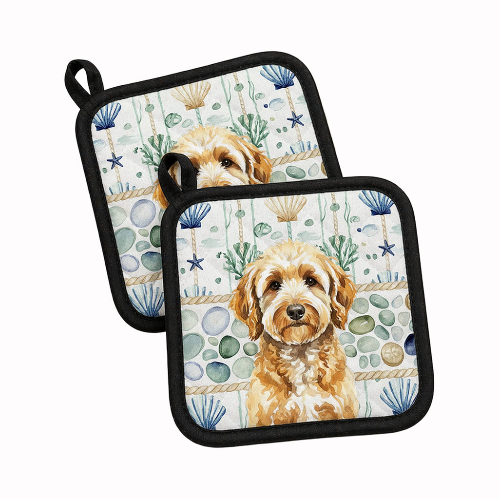 Goldendoodle Coastal Sea Glass Pot Holder Set of 2 Heat Resistant Quilted Hot Pads 7.5 x 7.5 Inch, Insulated Kitchen Trivets for Cooking & Baking