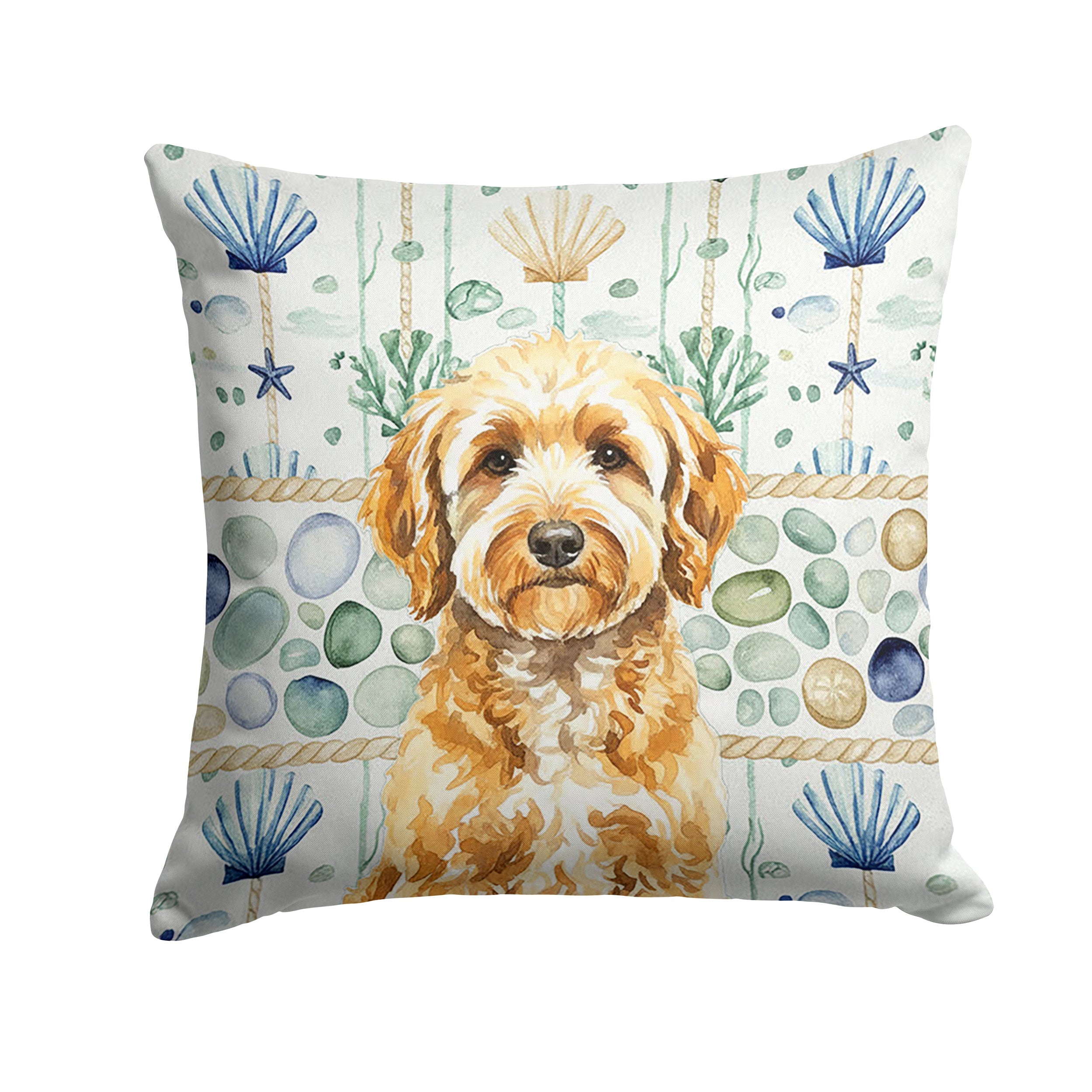 Goldendoodle Coastal Sea Glass Decorative Throw Pillow 14x14 Indoor Outdoor Accent Cushion, Fabric Cover with Insert for Sofa, Bed, Porch & Living Room