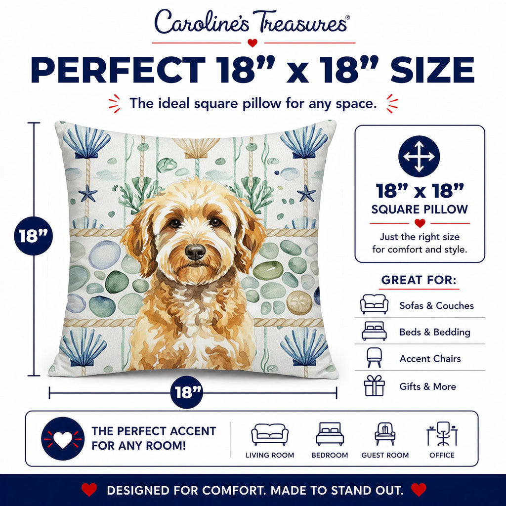Goldendoodle Coastal Sea Glass Decorative Throw Pillow 18x18 Indoor Outdoor Accent Cushion, Fabric Cover with Insert for Sofa, Bed, Porch & Living Room