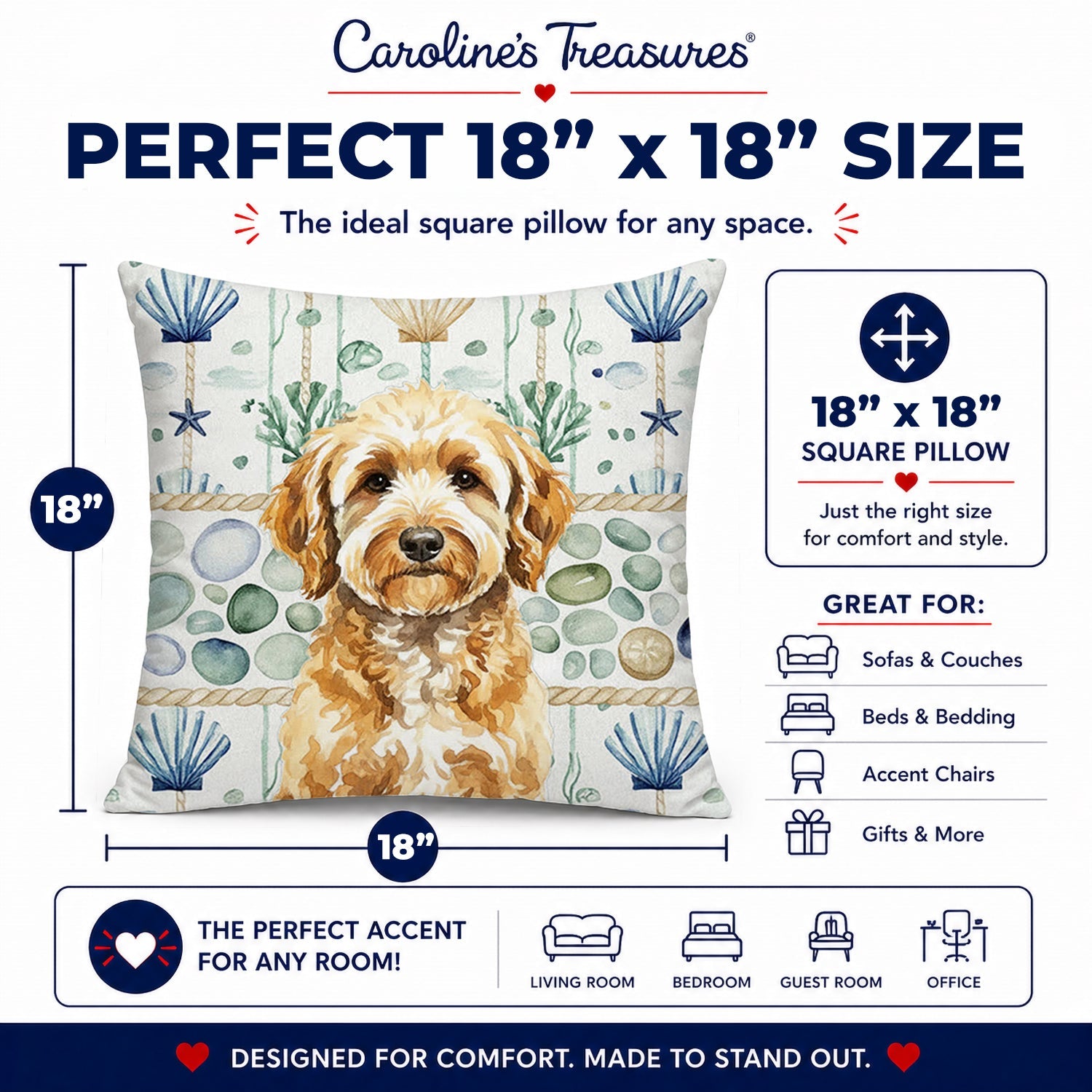 Goldendoodle Coastal Sea Glass Decorative Throw Pillow 18x18 Indoor Outdoor Accent Cushion, Fabric Cover with Insert for Sofa, Bed, Porch & Living Room