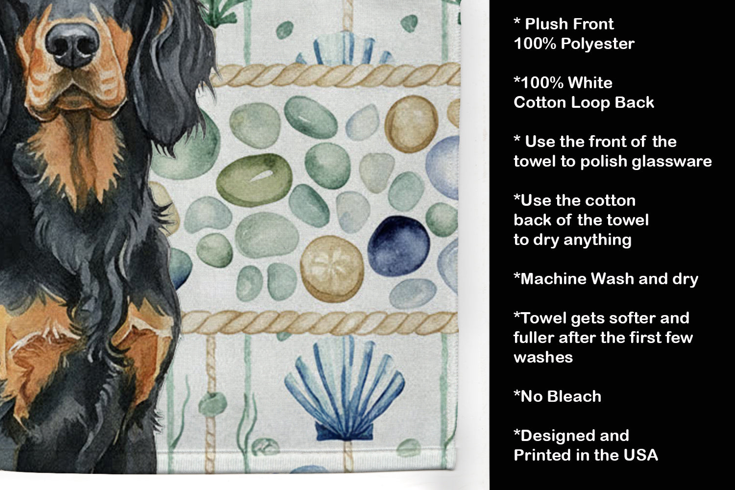 Gordon Setter Coastal Sea Glass Kitchen Towel Velour Plush Front and Cotton Loop Back Machine Washable