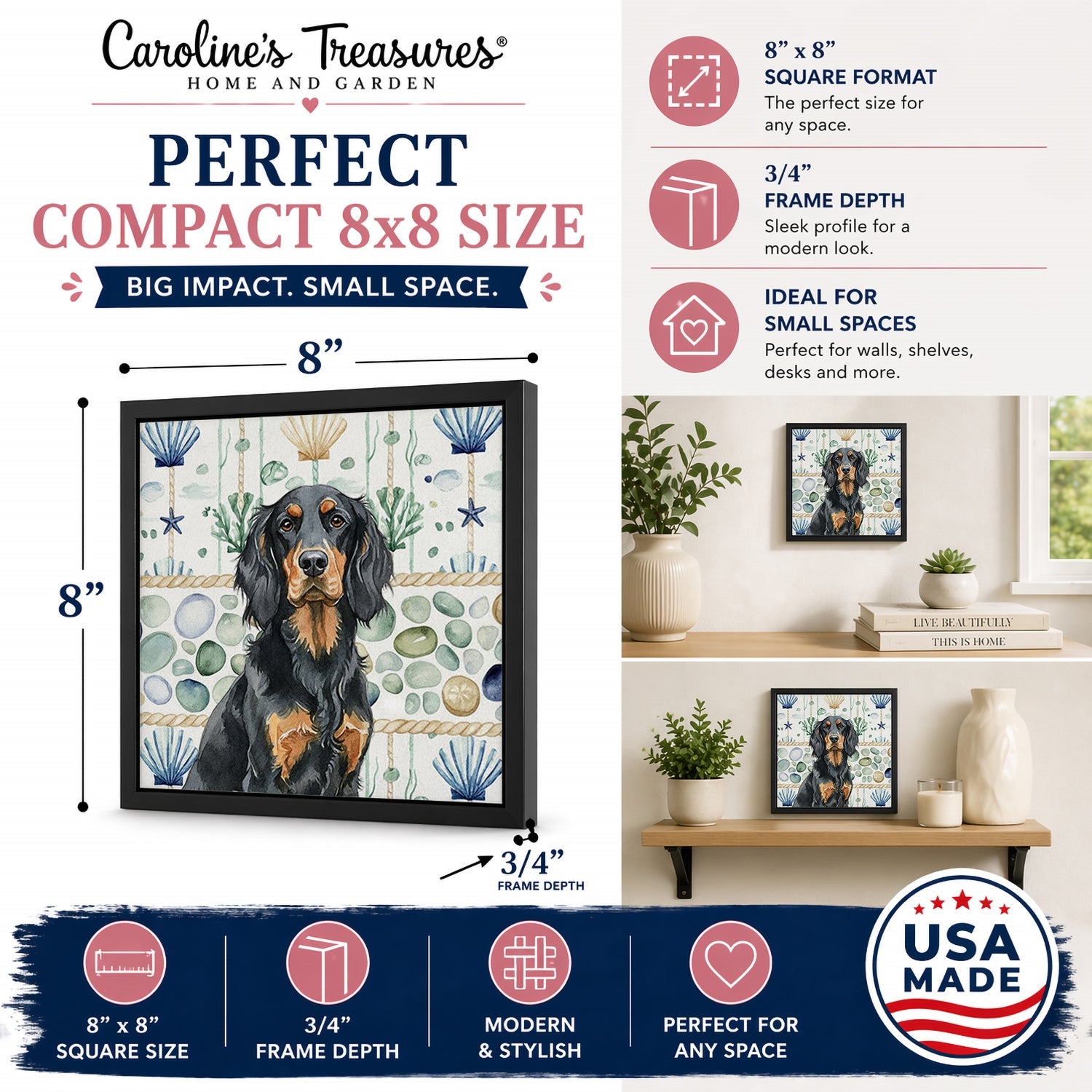 Gordon Setter Coastal Sea Glass Framed Metal Print Bathroom, Kitchen, Office, Home Decor Wall Art Ready to Hang, Square, 8X8