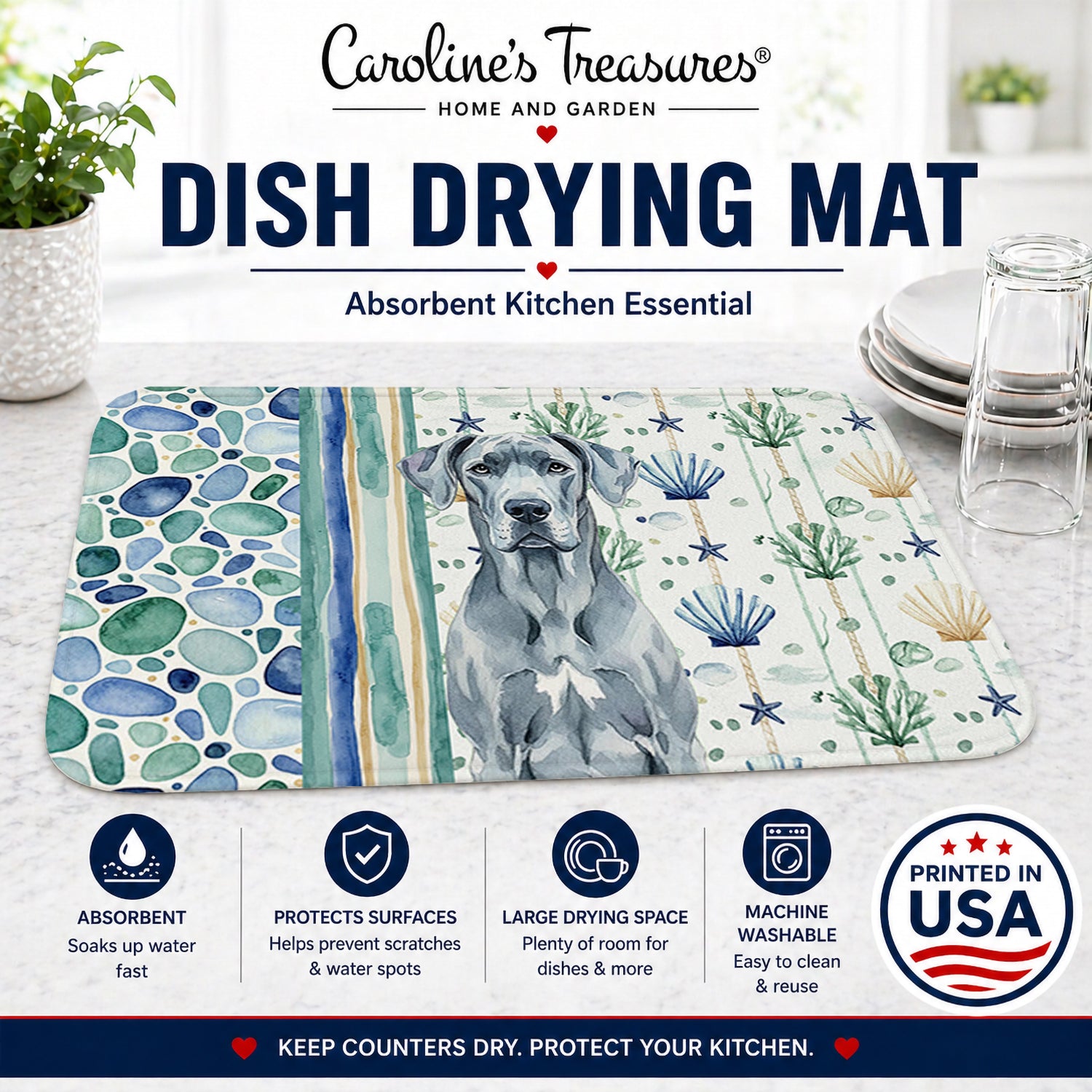Blue Great Dane Coastal Sea Glass Dish Drying Mat Absorbent Dish Drying Mat Pad for Kitchen Counter Dish Drainer Mat for Countertop, 14 x 21", Multicolor
