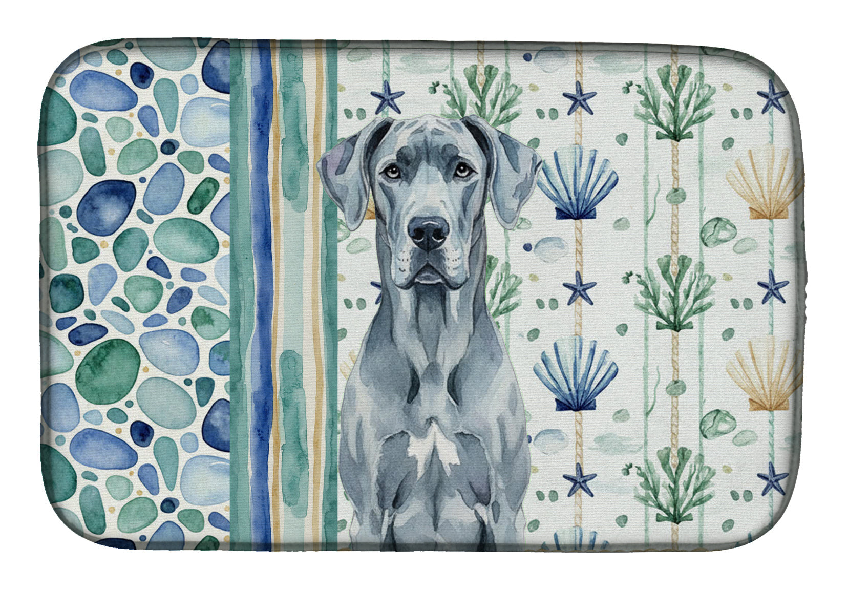 Blue Great Dane Coastal Sea Glass Dish Drying Mat Absorbent Dish Drying Mat Pad for Kitchen Counter Dish Drainer Mat for Countertop, 14 x 21", Multicolor