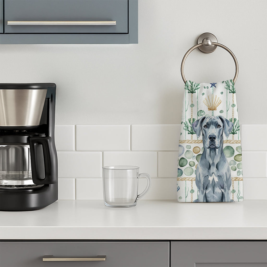 Blue Great Dane Coastal Sea Glass Kitchen Towel Velour Plush Front and Cotton Loop Back Machine Washable