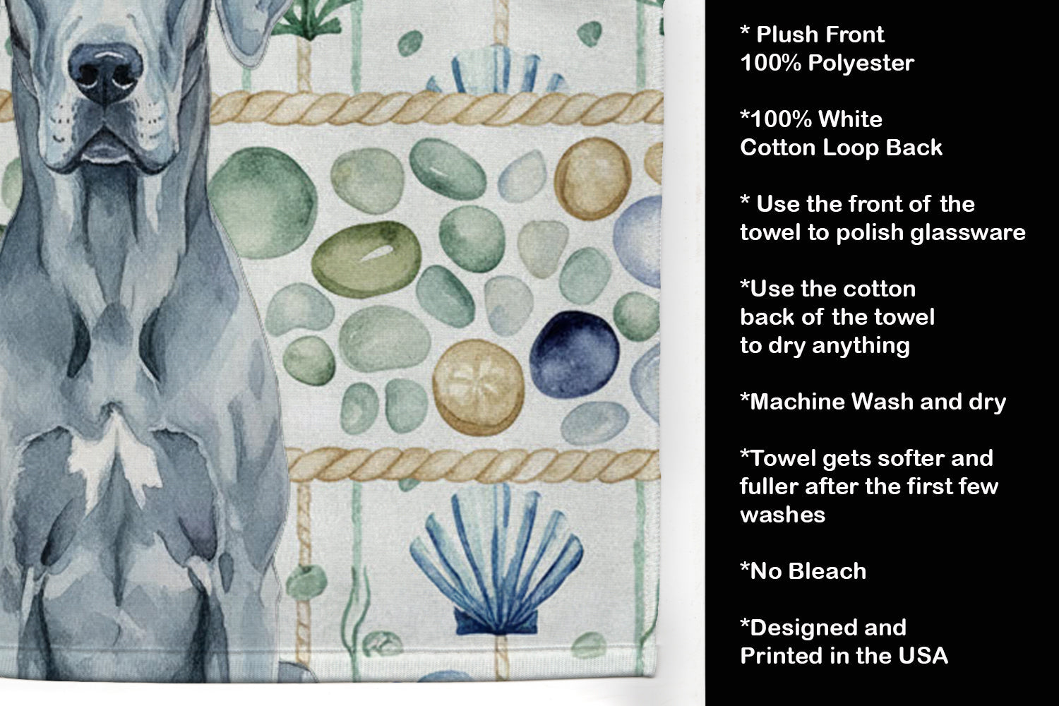 Blue Great Dane Coastal Sea Glass Kitchen Towel Velour Plush Front and Cotton Loop Back Machine Washable