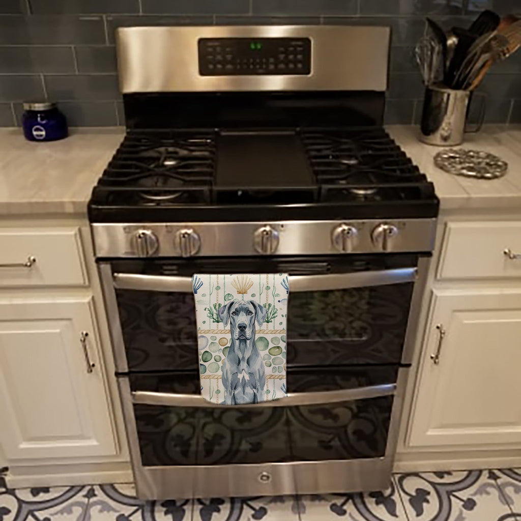 Blue Great Dane Coastal Sea Glass Kitchen Towel Velour Plush Front and Cotton Loop Back Machine Washable