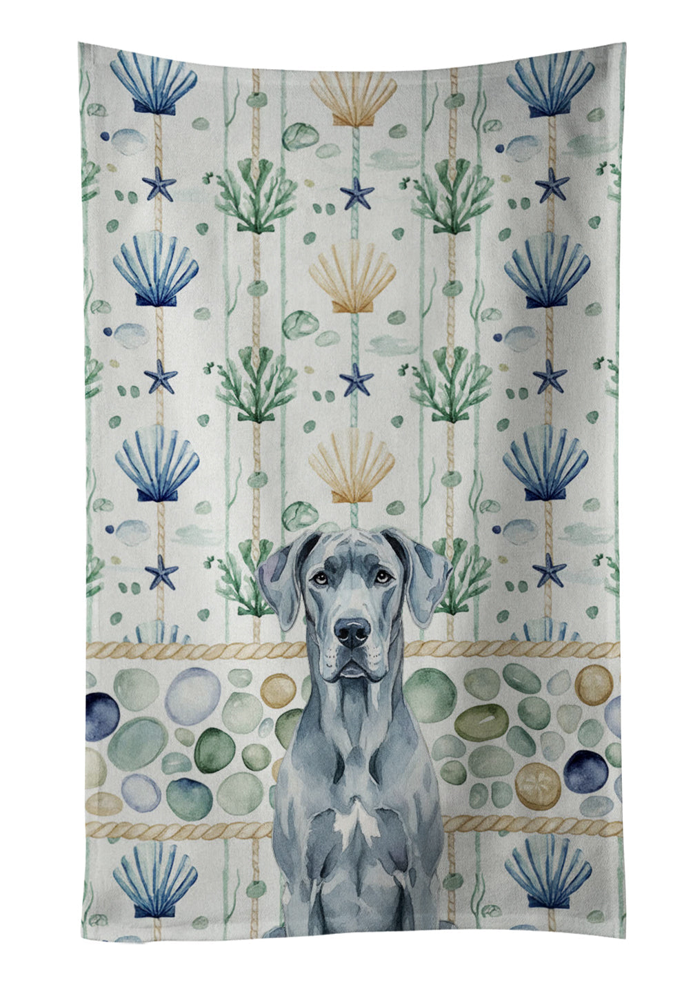 Blue Great Dane Coastal Sea Glass Kitchen Towel Velour Plush Front and Cotton Loop Back Machine Washable