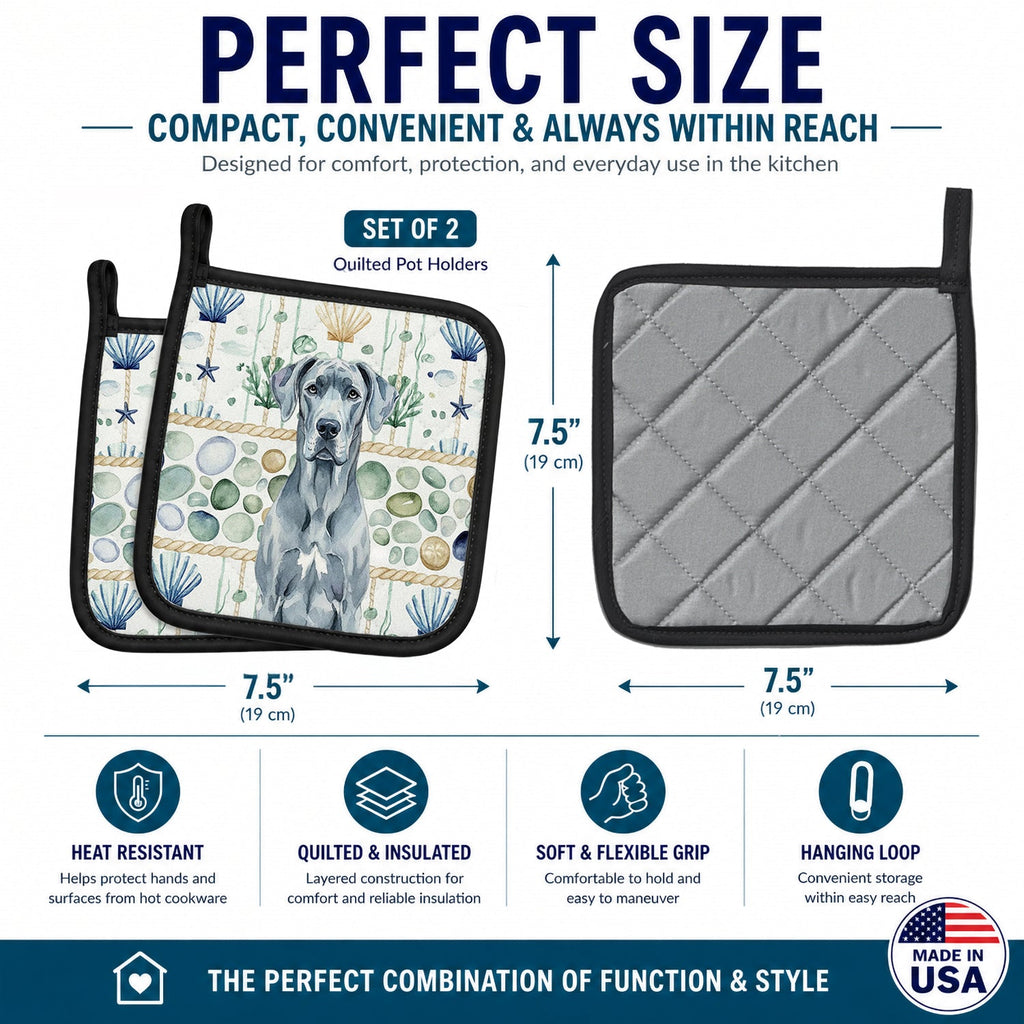 Blue Great Dane Coastal Sea Glass Pot Holder Set of 2 Heat Resistant Quilted Hot Pads 7.5 x 7.5 Inch, Insulated Kitchen Trivets for Cooking & Baking