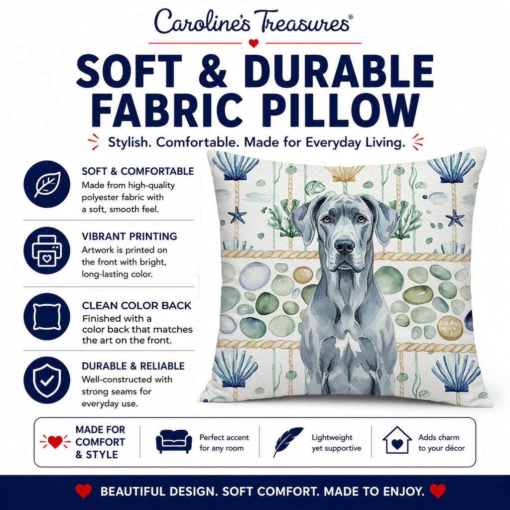 Blue Great Dane Coastal Sea Glass Decorative Throw Pillow 14x14 Indoor Outdoor Accent Cushion, Fabric Cover with Insert for Sofa, Bed, Porch & Living Room