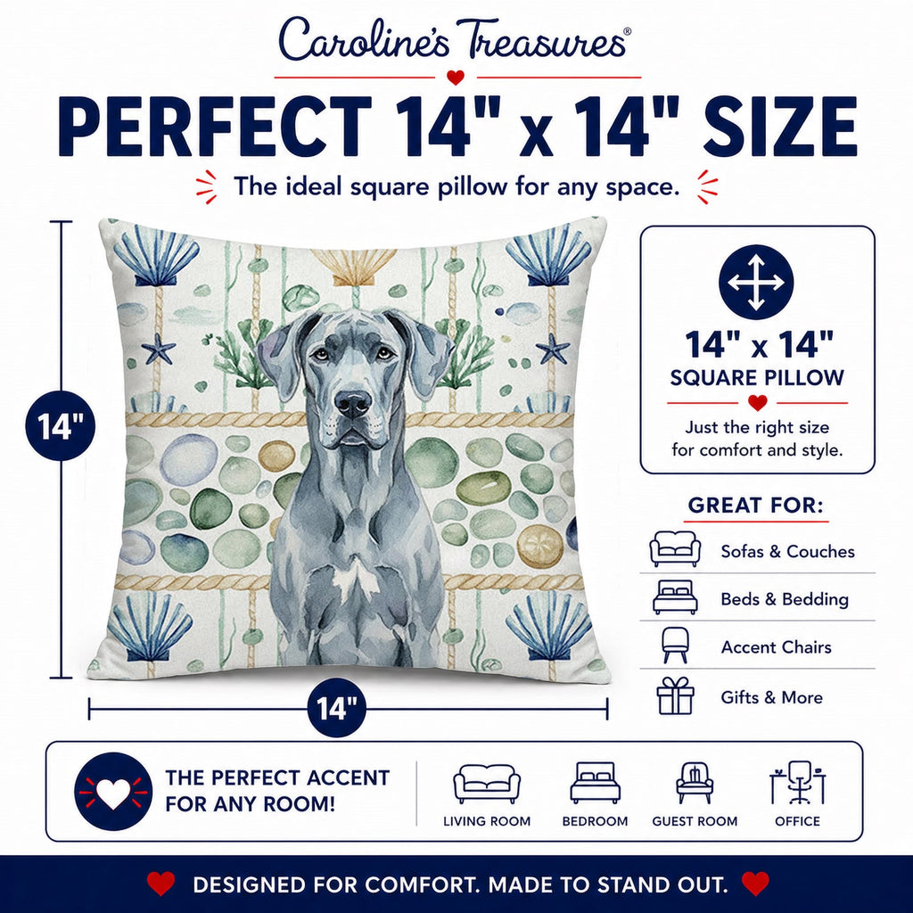 Blue Great Dane Coastal Sea Glass Decorative Throw Pillow 14x14 Indoor Outdoor Accent Cushion, Fabric Cover with Insert for Sofa, Bed, Porch & Living Room