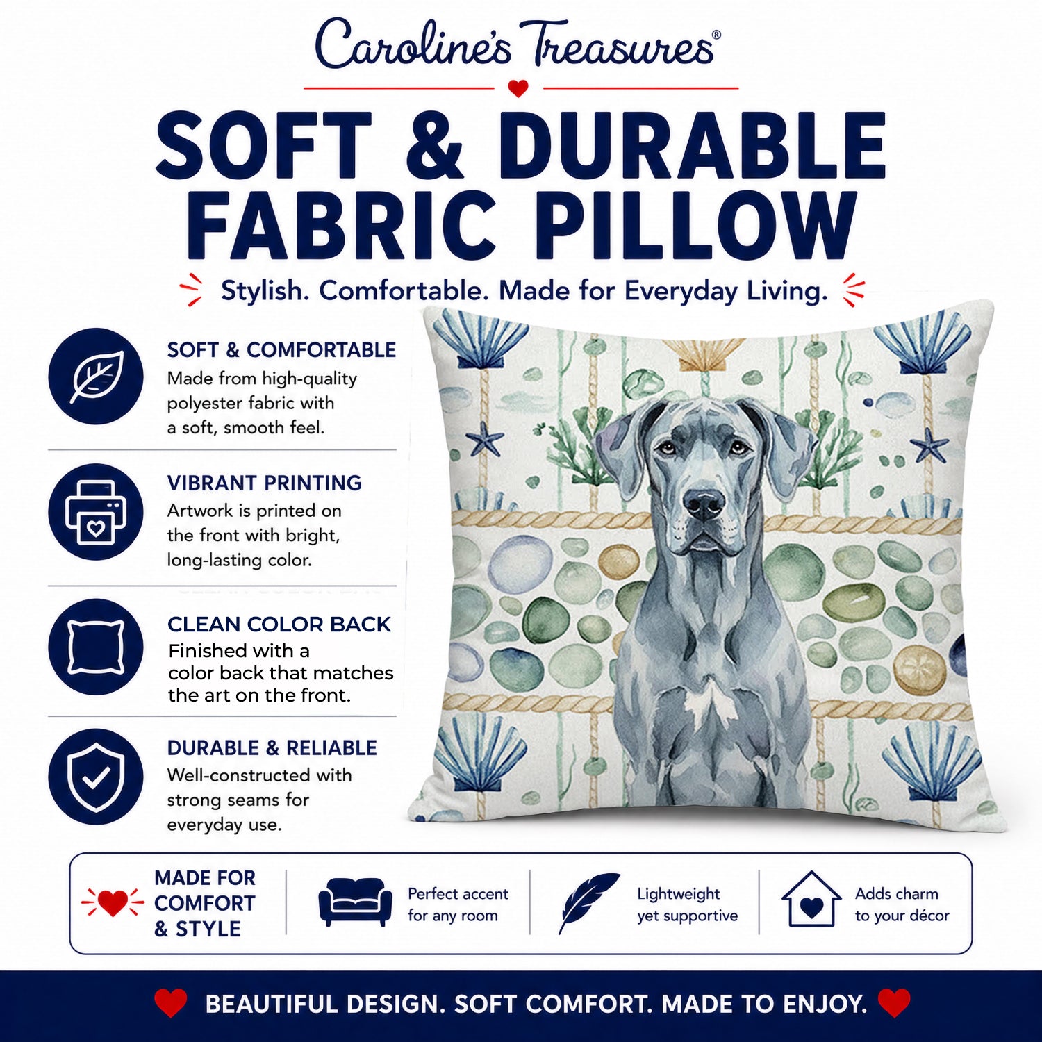 Blue Great Dane Coastal Sea Glass Decorative Throw Pillow 18x18 Indoor Outdoor Accent Cushion, Fabric Cover with Insert for Sofa, Bed, Porch & Living Room