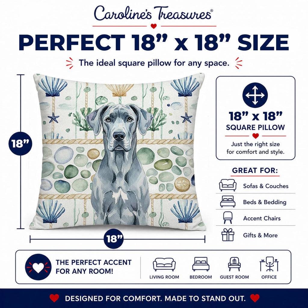 Blue Great Dane Coastal Sea Glass Decorative Throw Pillow 18x18 Indoor Outdoor Accent Cushion, Fabric Cover with Insert for Sofa, Bed, Porch & Living Room