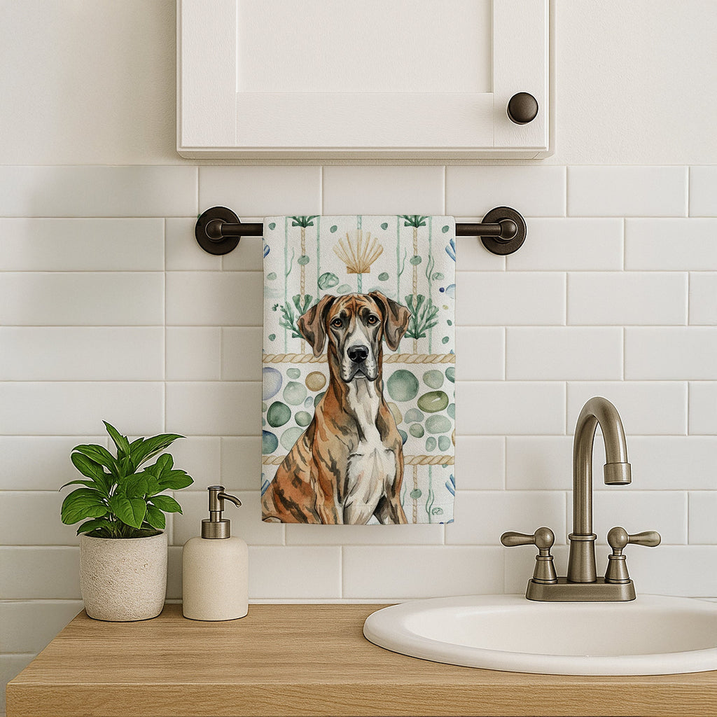 Brindle Great Dane Coastal Sea Glass Kitchen Towel Velour Plush Front and Cotton Loop Back Machine Washable