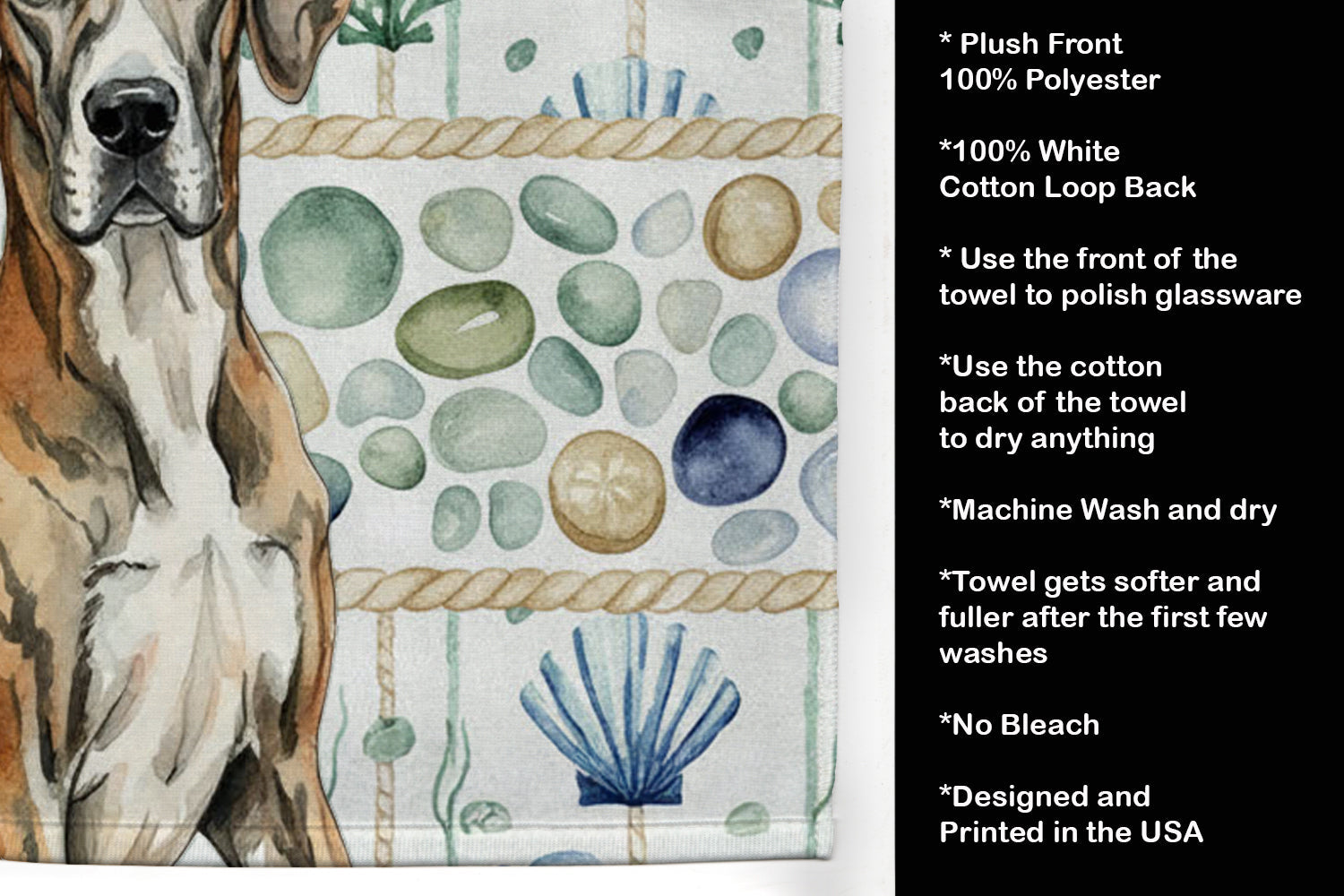 Brindle Great Dane Coastal Sea Glass Kitchen Towel Velour Plush Front and Cotton Loop Back Machine Washable