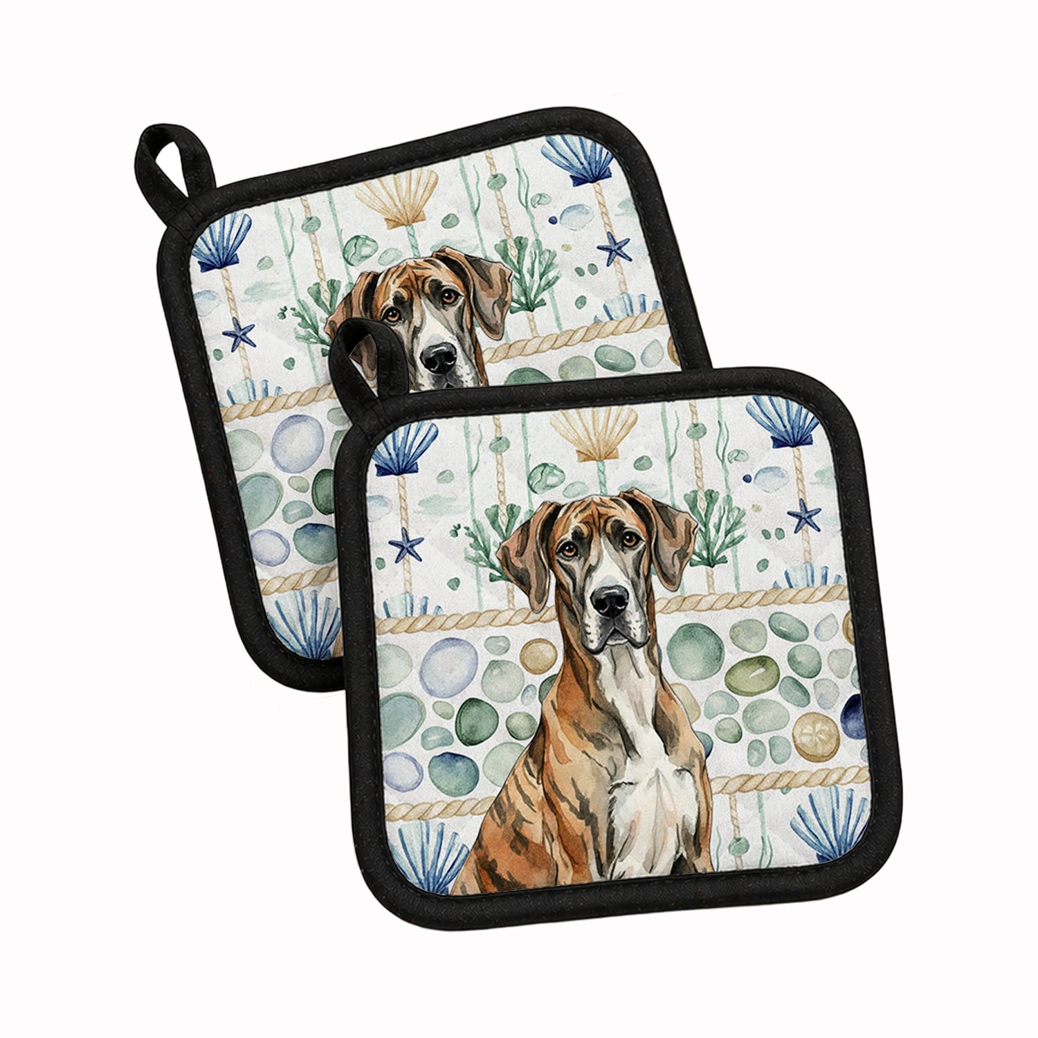 Brindle Great Dane Coastal Sea Glass Pot Holder Set of 2 Heat Resistant Quilted Hot Pads 7.5 x 7.5 Inch, Insulated Kitchen Trivets for Cooking & Baking