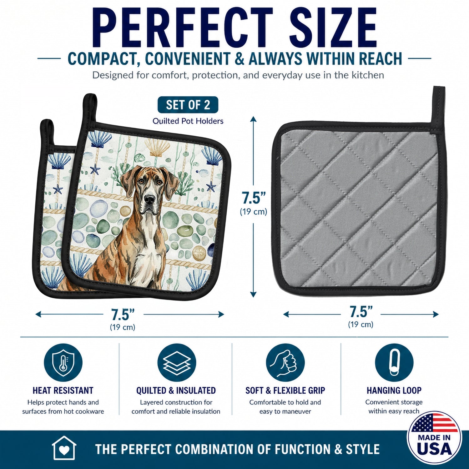 Brindle Great Dane Coastal Sea Glass Pot Holder Set of 2 Heat Resistant Quilted Hot Pads 7.5 x 7.5 Inch, Insulated Kitchen Trivets for Cooking & Baking