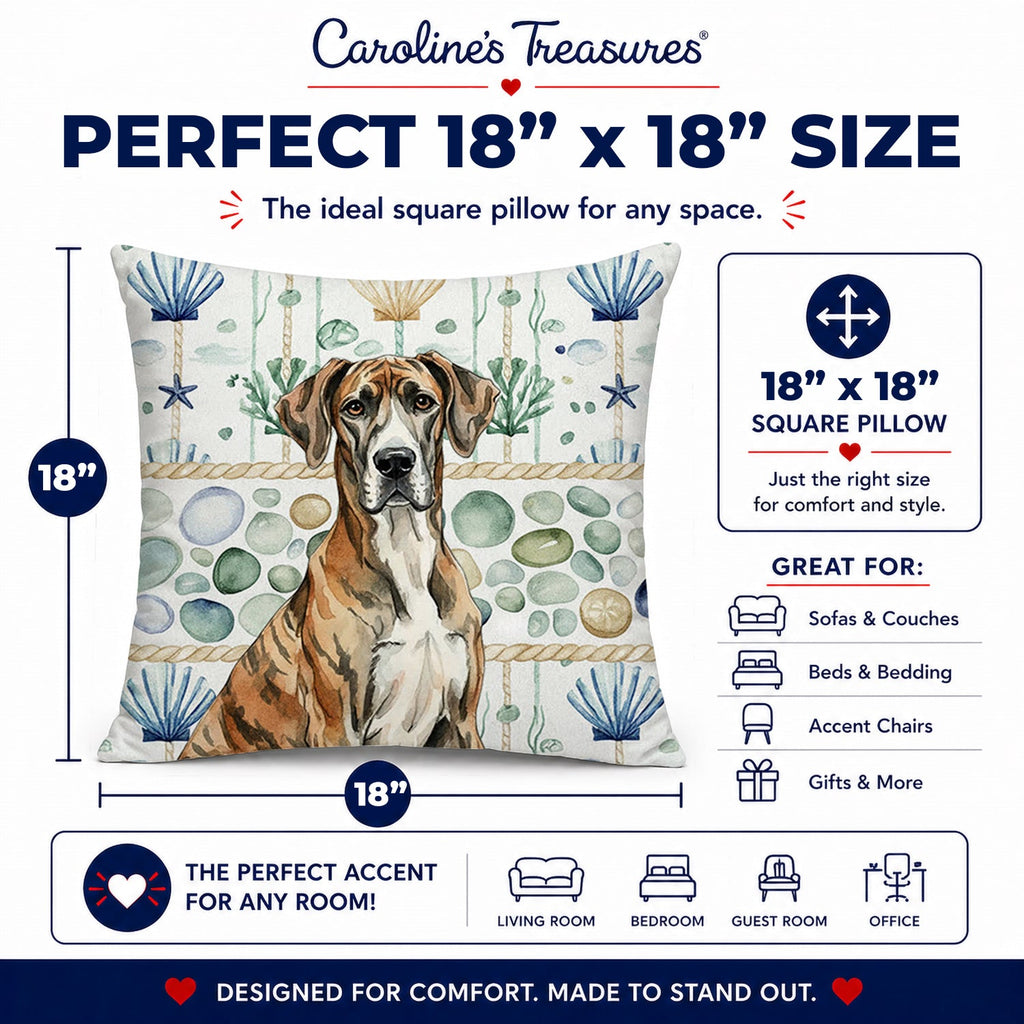Brindle Great Dane Coastal Sea Glass Decorative Throw Pillow 18x18 Indoor Outdoor Accent Cushion, Fabric Cover with Insert for Sofa, Bed, Porch & Living Room