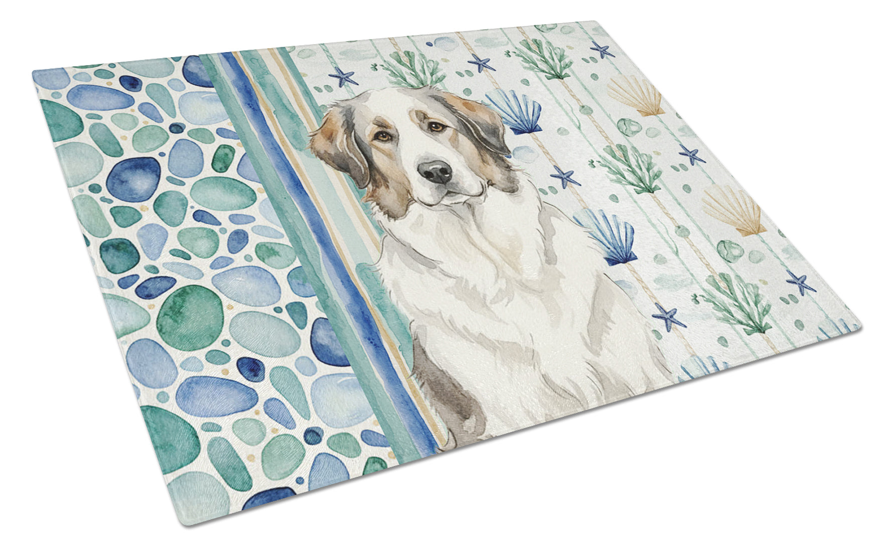 Badger Great Pyrenees Coastal Sea Glass Cutting Board Tempered Glass Kitchen Cutting Surface, Heat Resistant Chopping, Non-Slip Feet, Food Prep & Serving