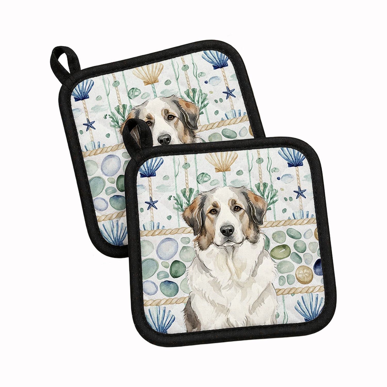 Badger Great Pyrenees Coastal Sea Glass Pot Holder Set of 2 Heat Resistant Quilted Hot Pads 7.5 x 7.5 Inch, Insulated Kitchen Trivets for Cooking & Baking
